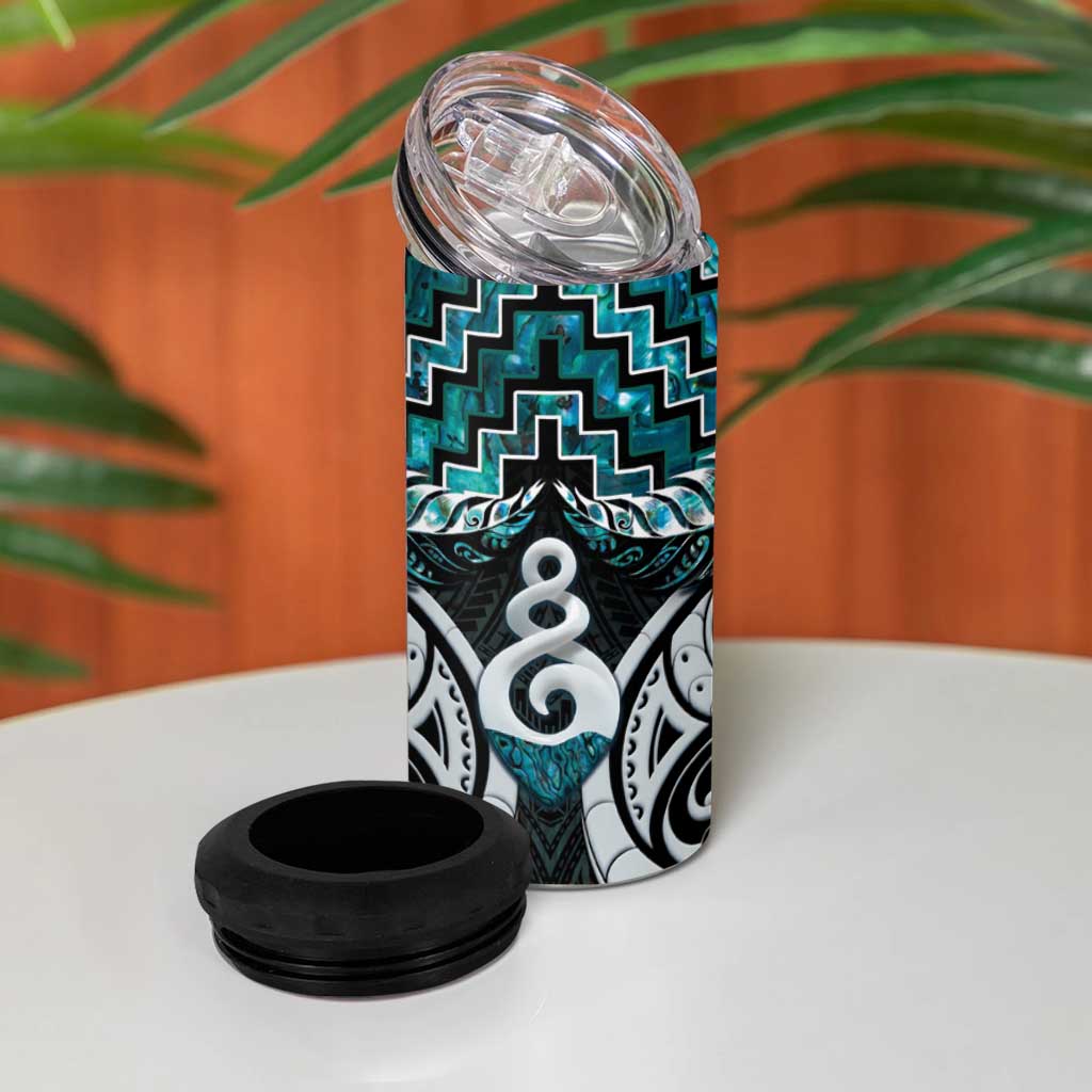 New Zealand Maori 4 in 1 Can Cooler Tumbler Poutama Pikorua Turquoise Paua Shell