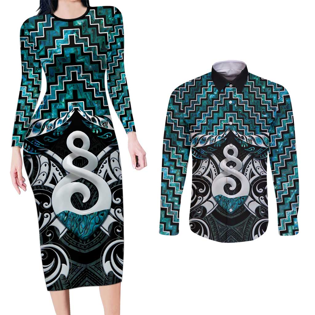 New Zealand Maori Couples Matching Long Sleeve Bodycon Dress and Long Sleeve Button Shirt Poutama Pikorua Turquoise Paua Shell