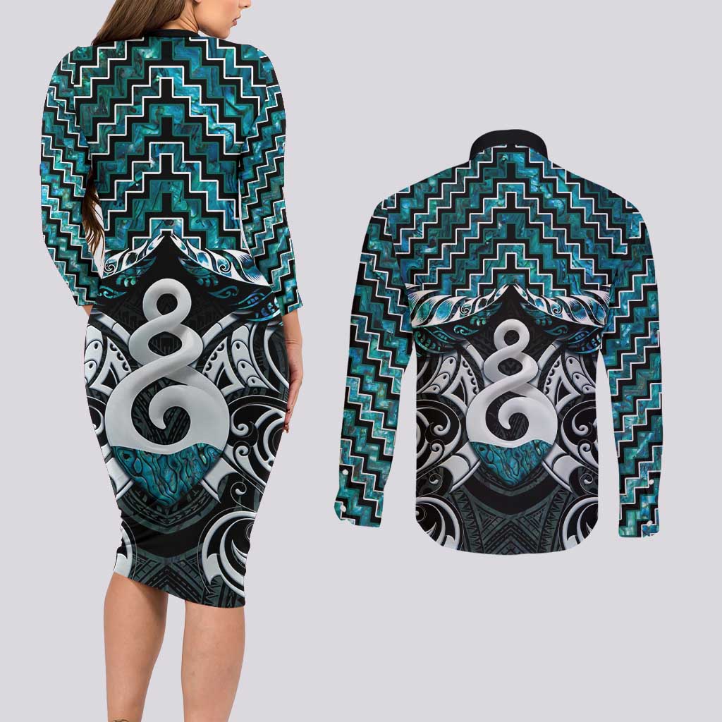 New Zealand Maori Couples Matching Long Sleeve Bodycon Dress and Long Sleeve Button Shirt Poutama Pikorua Turquoise Paua Shell