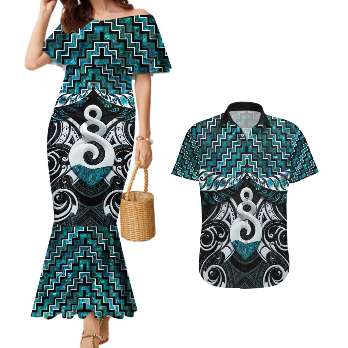 New Zealand Maori Couples Matching Mermaid Dress and Hawaiian Shirt Poutama Pikorua Turquoise Paua Shell