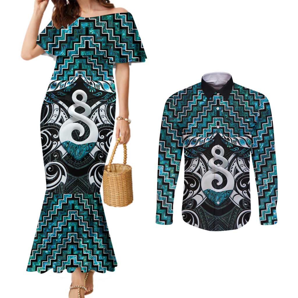 New Zealand Maori Couples Matching Mermaid Dress and Long Sleeve Button Shirt Poutama Pikorua Turquoise Paua Shell