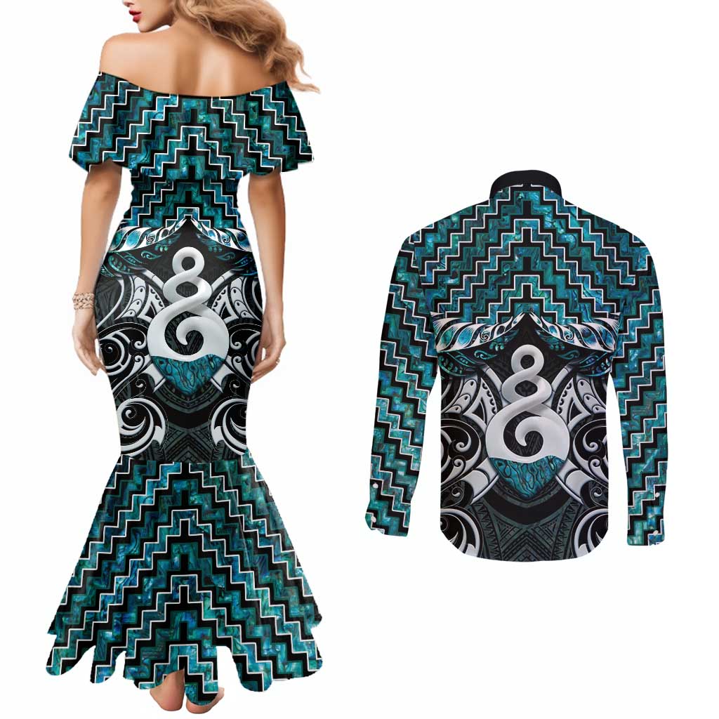 New Zealand Maori Couples Matching Mermaid Dress and Long Sleeve Button Shirt Poutama Pikorua Turquoise Paua Shell