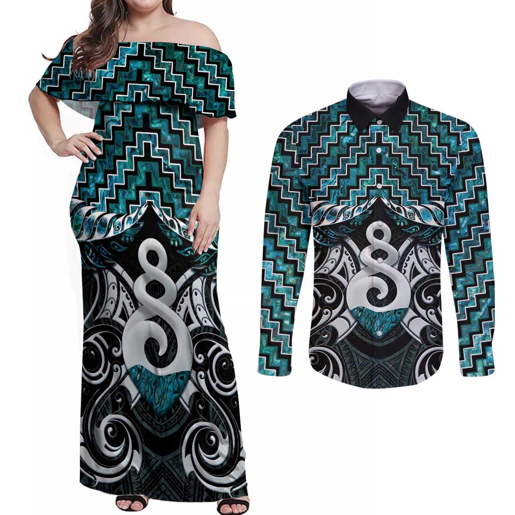 New Zealand Maori Couples Matching Off Shoulder Maxi Dress and Long Sleeve Button Shirt Poutama Pikorua Turquoise Paua Shell