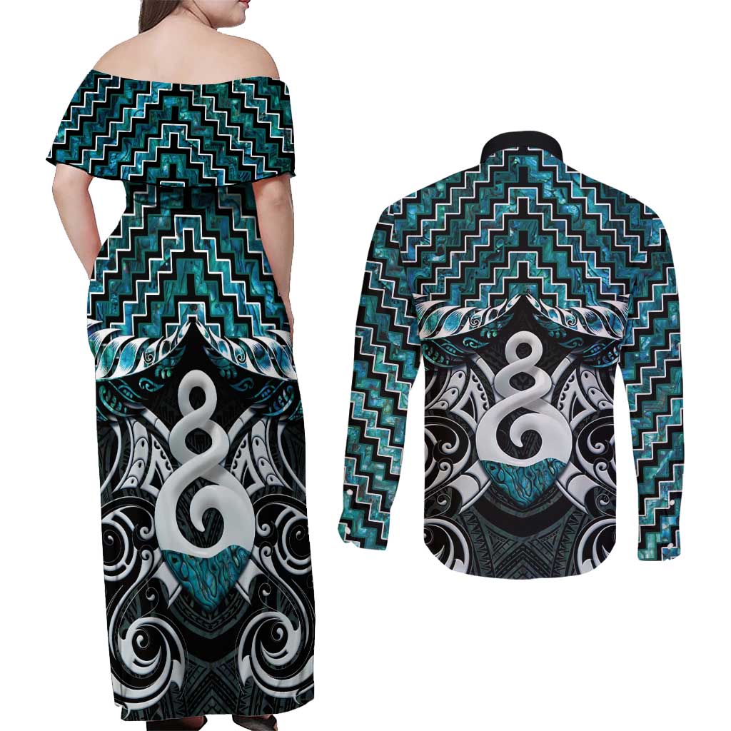 New Zealand Maori Couples Matching Off Shoulder Maxi Dress and Long Sleeve Button Shirt Poutama Pikorua Turquoise Paua Shell