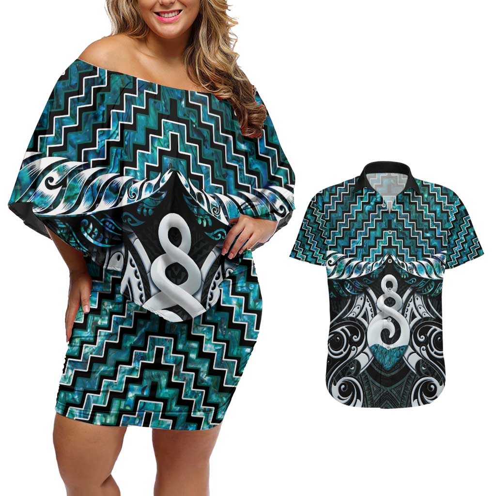 New Zealand Maori Couples Matching Off Shoulder Short Dress and Hawaiian Shirt Poutama Pikorua Turquoise Paua Shell