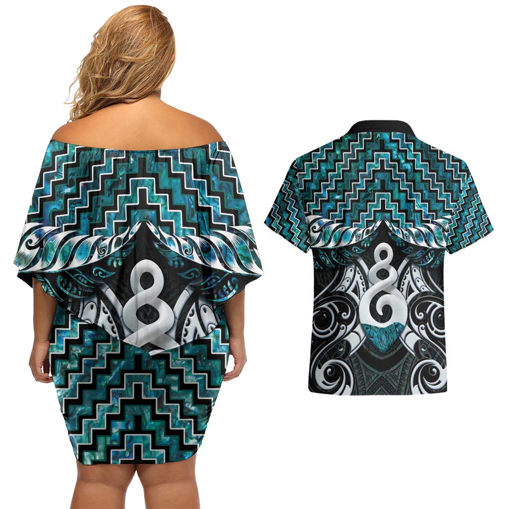 New Zealand Maori Couples Matching Off Shoulder Short Dress and Hawaiian Shirt Poutama Pikorua Turquoise Paua Shell