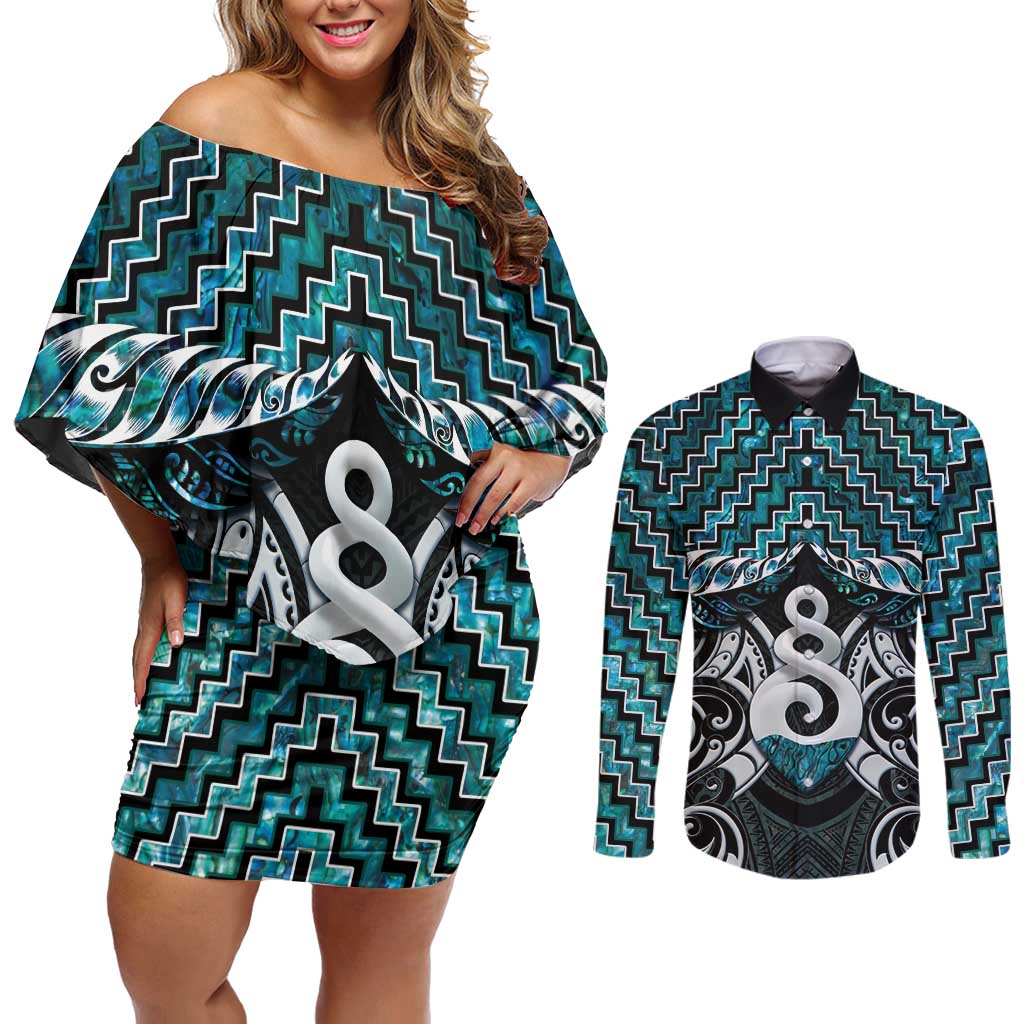 New Zealand Maori Couples Matching Off Shoulder Short Dress and Long Sleeve Button Shirt Poutama Pikorua Turquoise Paua Shell