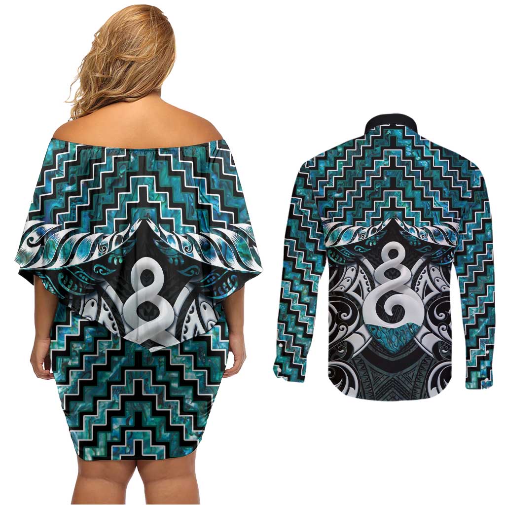 New Zealand Maori Couples Matching Off Shoulder Short Dress and Long Sleeve Button Shirt Poutama Pikorua Turquoise Paua Shell