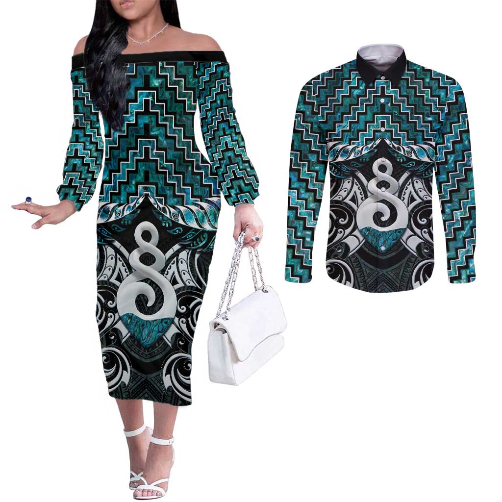 New Zealand Maori Couples Matching Off The Shoulder Long Sleeve Dress and Long Sleeve Button Shirt Poutama Pikorua Turquoise Paua Shell