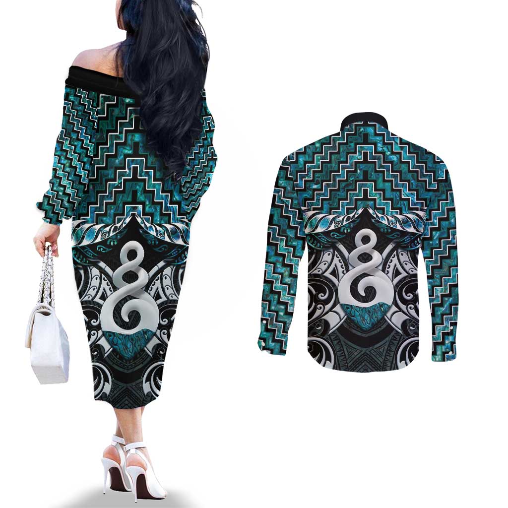 New Zealand Maori Couples Matching Off The Shoulder Long Sleeve Dress and Long Sleeve Button Shirt Poutama Pikorua Turquoise Paua Shell