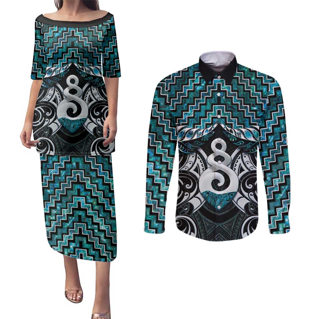 New Zealand Maori Couples Matching Puletasi and Long Sleeve Button Shirt Poutama Pikorua Turquoise Paua Shell