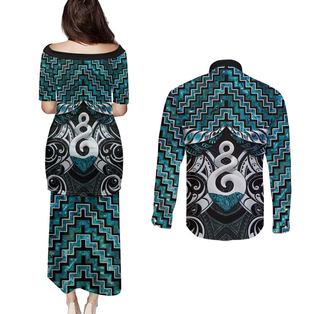 New Zealand Maori Couples Matching Puletasi and Long Sleeve Button Shirt Poutama Pikorua Turquoise Paua Shell