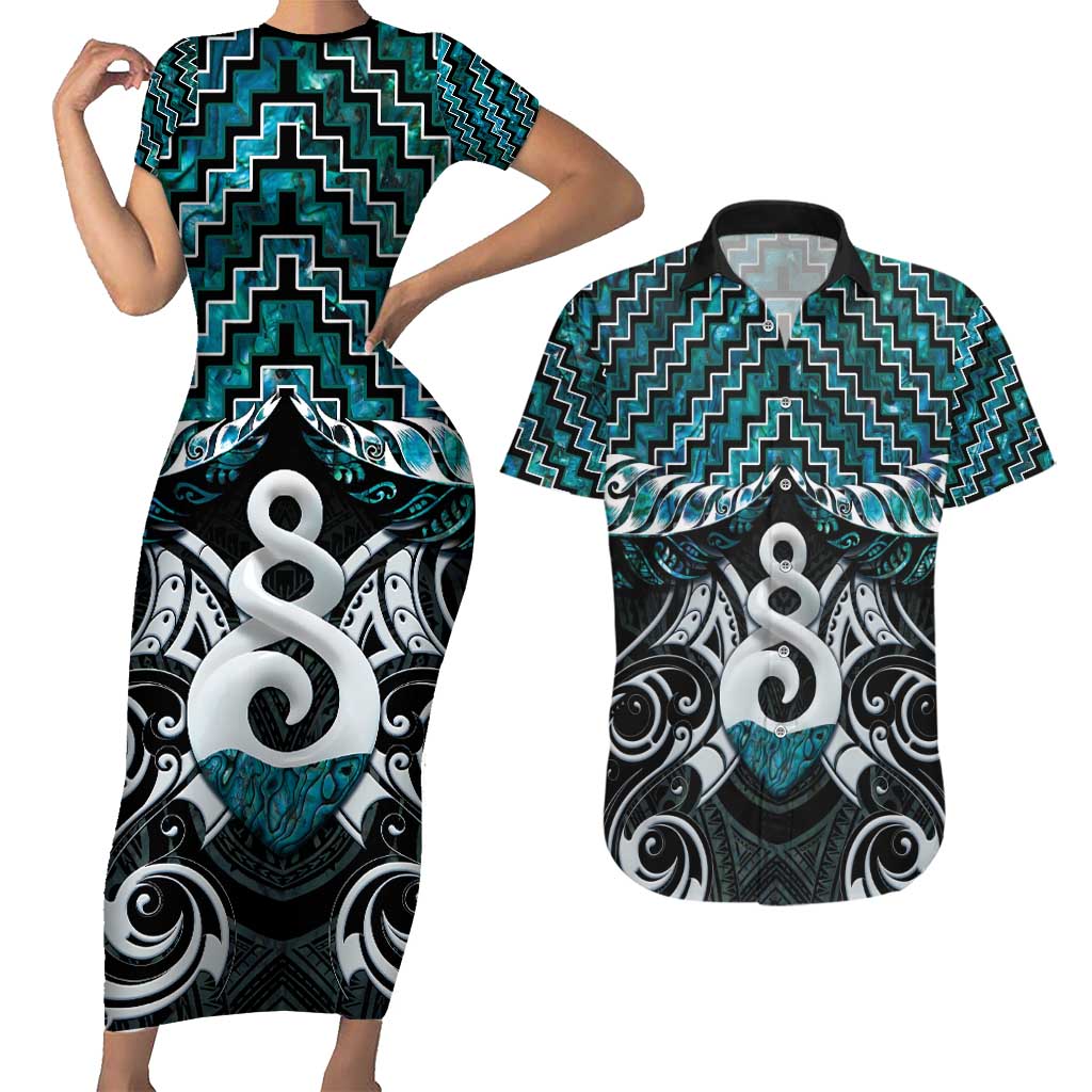 New Zealand Maori Couples Matching Short Sleeve Bodycon Dress and Hawaiian Shirt Poutama Pikorua Turquoise Paua Shell