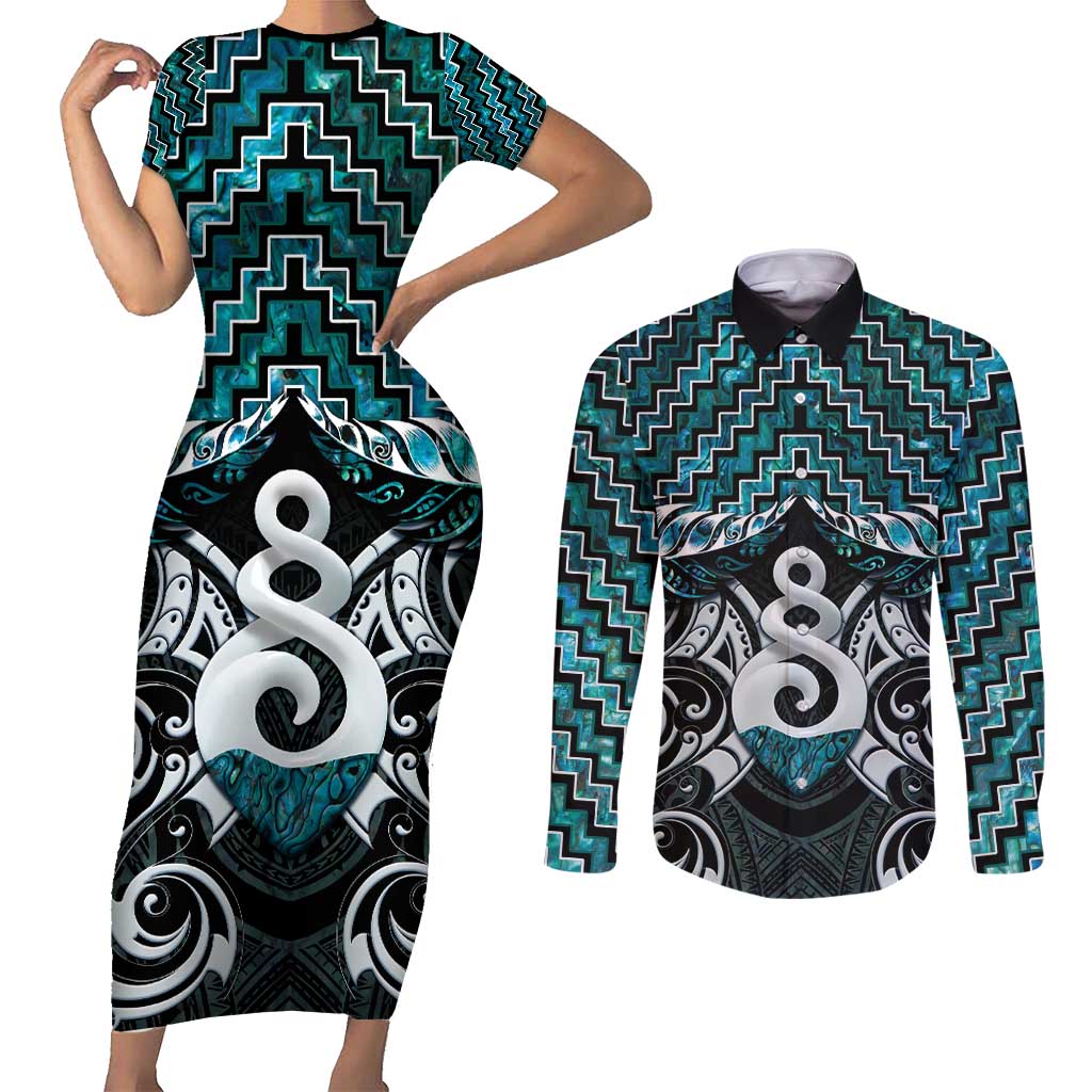 New Zealand Maori Couples Matching Short Sleeve Bodycon Dress and Long Sleeve Button Shirt Poutama Pikorua Turquoise Paua Shell