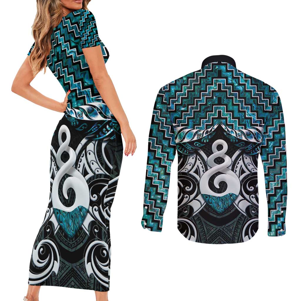 New Zealand Maori Couples Matching Short Sleeve Bodycon Dress and Long Sleeve Button Shirt Poutama Pikorua Turquoise Paua Shell