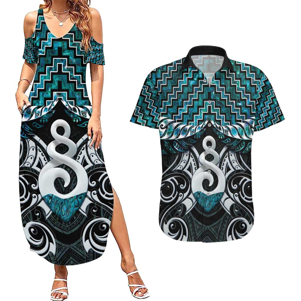 New Zealand Maori Couples Matching Summer Maxi Dress and Hawaiian Shirt Poutama Pikorua Turquoise Paua Shell