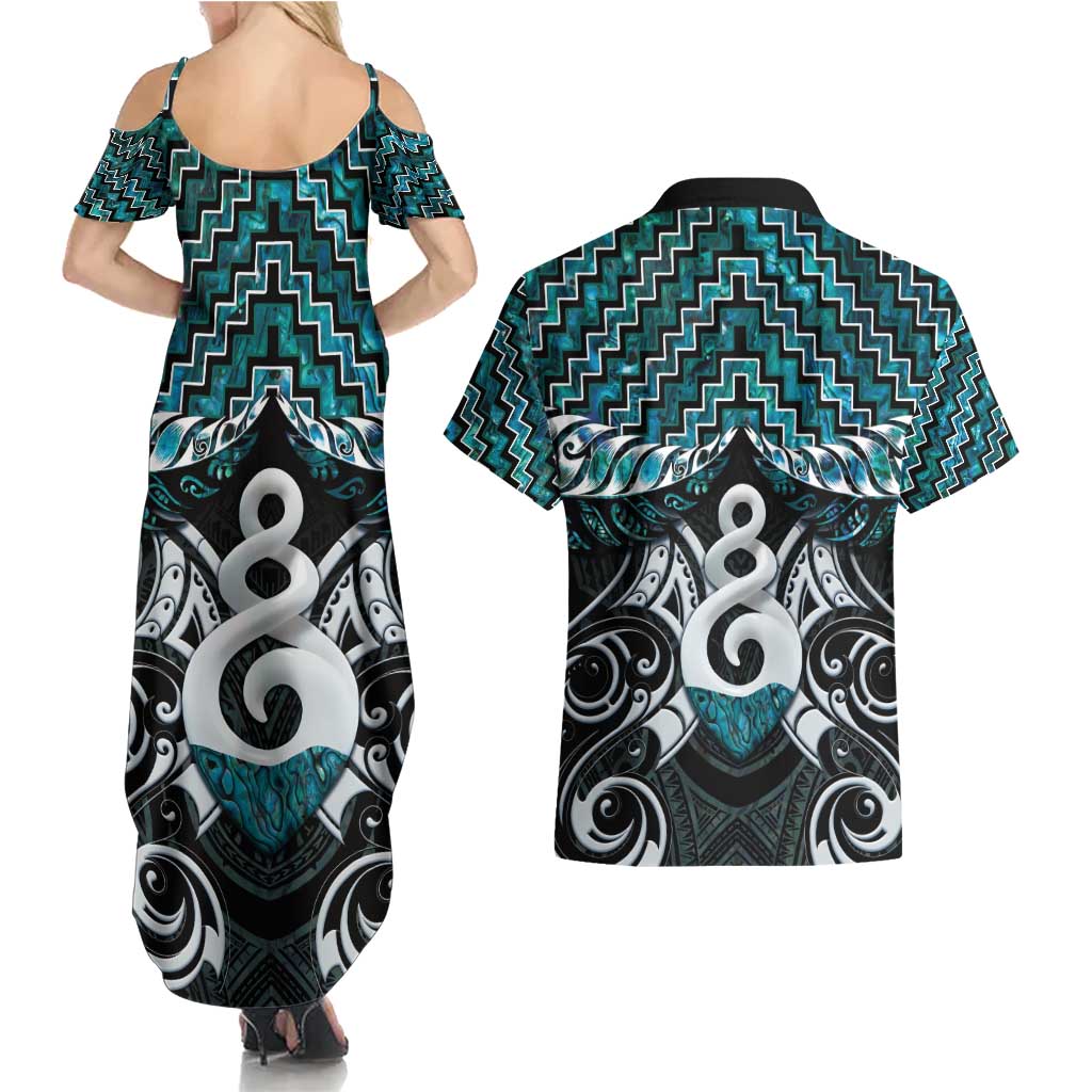 New Zealand Maori Couples Matching Summer Maxi Dress and Hawaiian Shirt Poutama Pikorua Turquoise Paua Shell