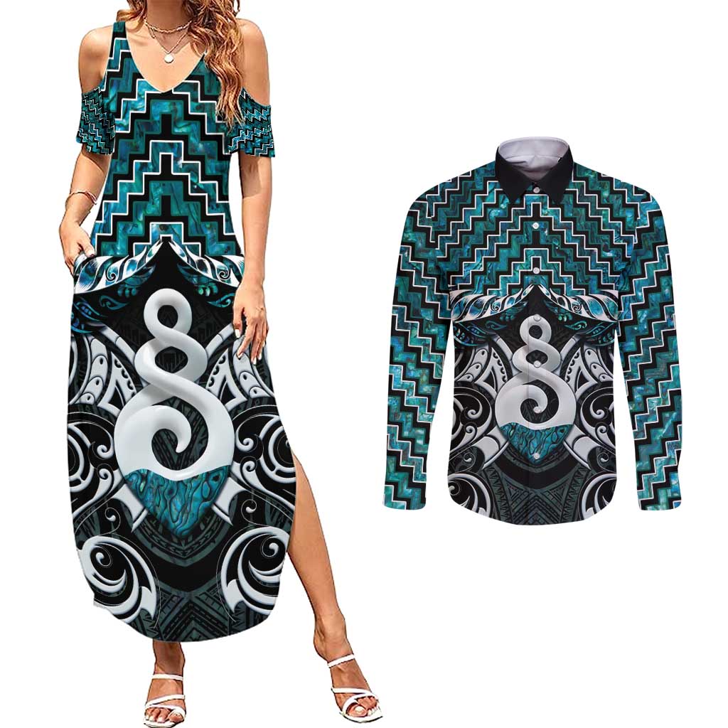 New Zealand Maori Couples Matching Summer Maxi Dress and Long Sleeve Button Shirt Poutama Pikorua Turquoise Paua Shell