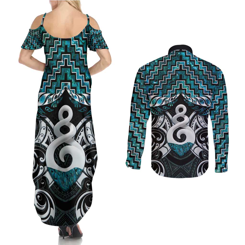 New Zealand Maori Couples Matching Summer Maxi Dress and Long Sleeve Button Shirt Poutama Pikorua Turquoise Paua Shell