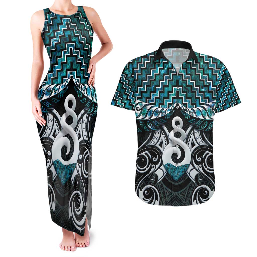 New Zealand Maori Couples Matching Tank Maxi Dress and Hawaiian Shirt Poutama Pikorua Turquoise Paua Shell