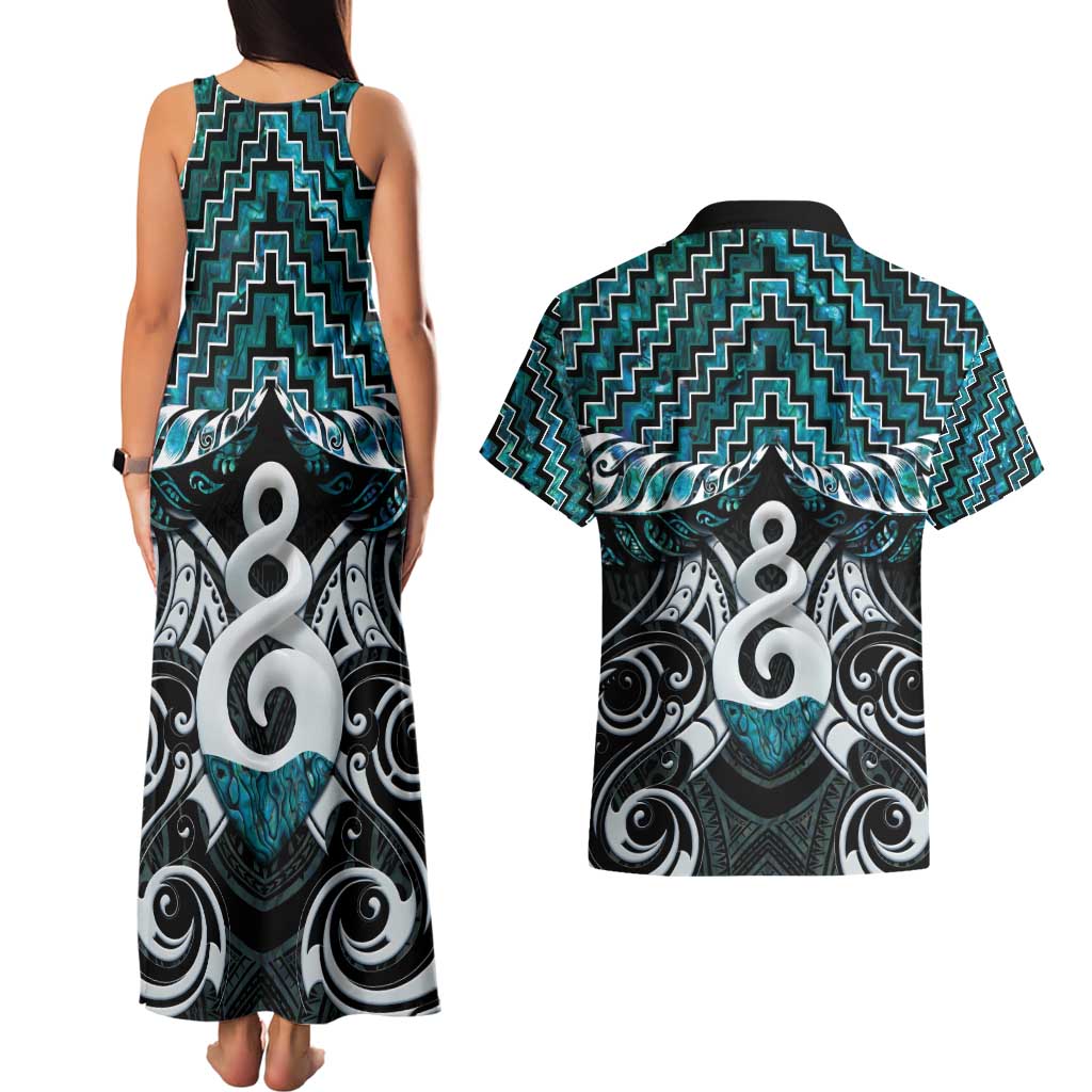 New Zealand Maori Couples Matching Tank Maxi Dress and Hawaiian Shirt Poutama Pikorua Turquoise Paua Shell