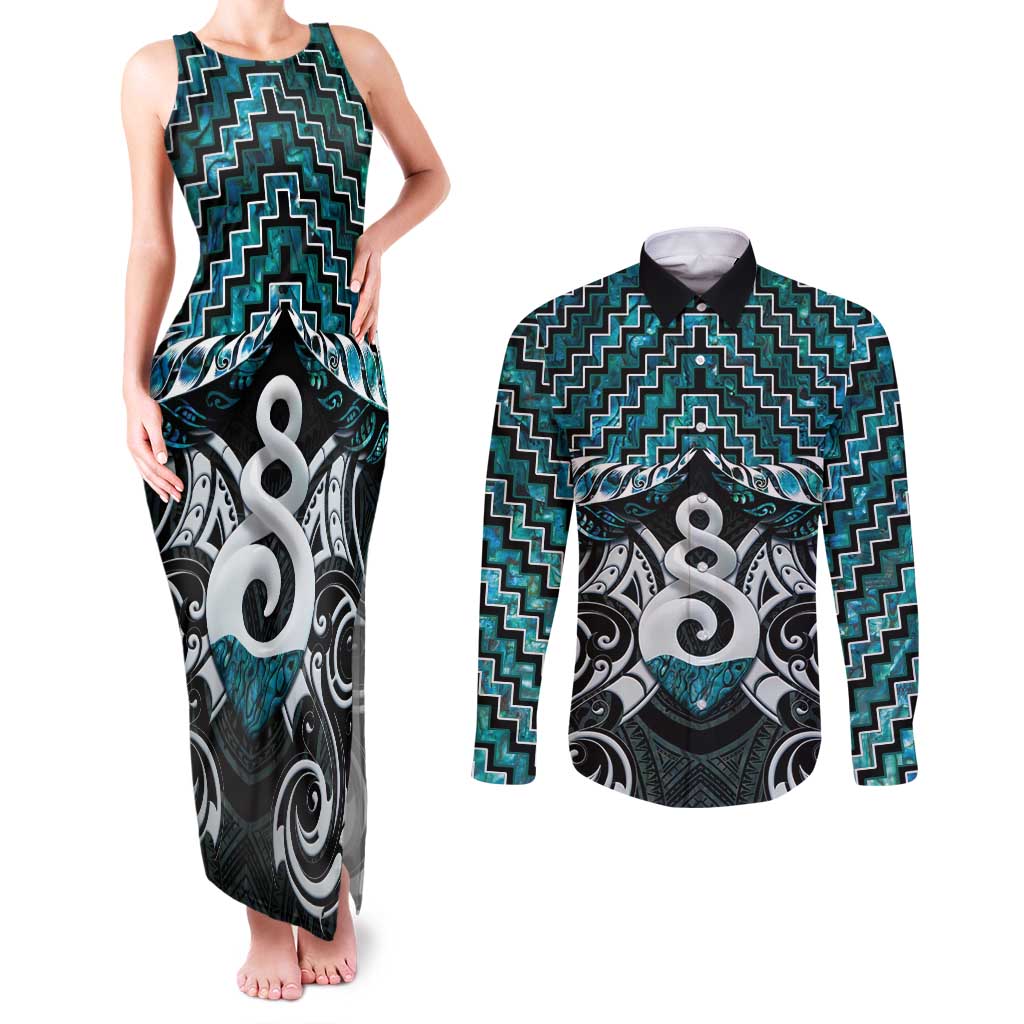 New Zealand Maori Couples Matching Tank Maxi Dress and Long Sleeve Button Shirt Poutama Pikorua Turquoise Paua Shell