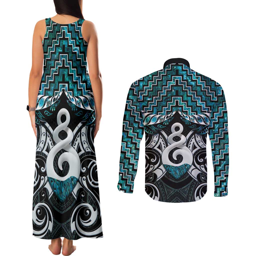 New Zealand Maori Couples Matching Tank Maxi Dress and Long Sleeve Button Shirt Poutama Pikorua Turquoise Paua Shell