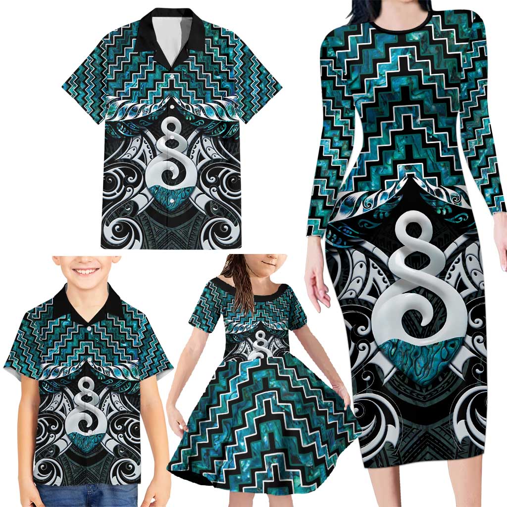 New Zealand Maori Family Matching Long Sleeve Bodycon Dress and Hawaiian Shirt Poutama Pikorua Turquoise Paua Shell