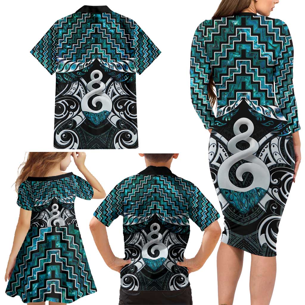 New Zealand Maori Family Matching Long Sleeve Bodycon Dress and Hawaiian Shirt Poutama Pikorua Turquoise Paua Shell