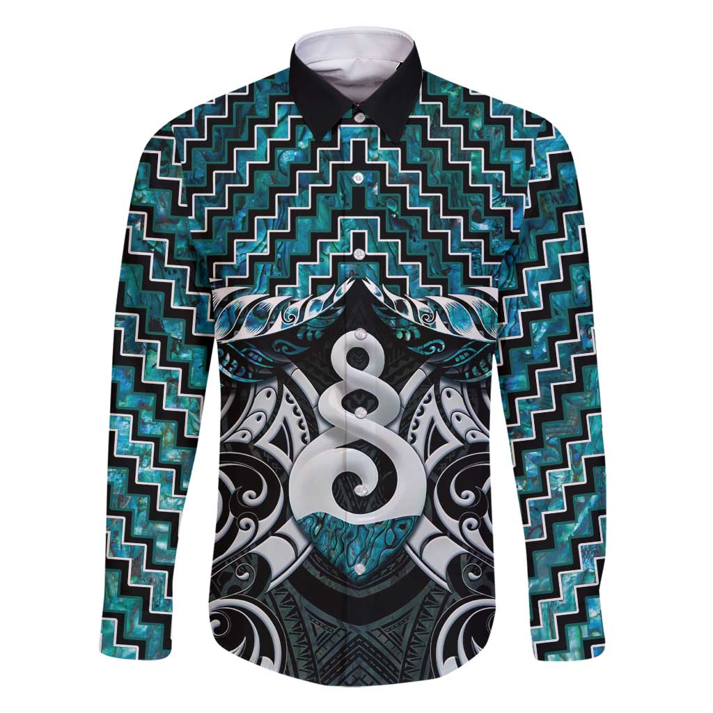 New Zealand Maori Family Matching Long Sleeve Bodycon Dress and Hawaiian Shirt Poutama Pikorua Turquoise Paua Shell