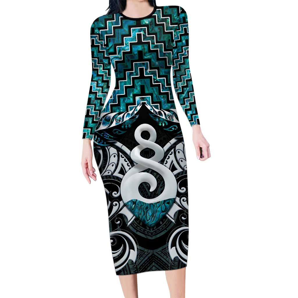 New Zealand Maori Family Matching Long Sleeve Bodycon Dress and Hawaiian Shirt Poutama Pikorua Turquoise Paua Shell