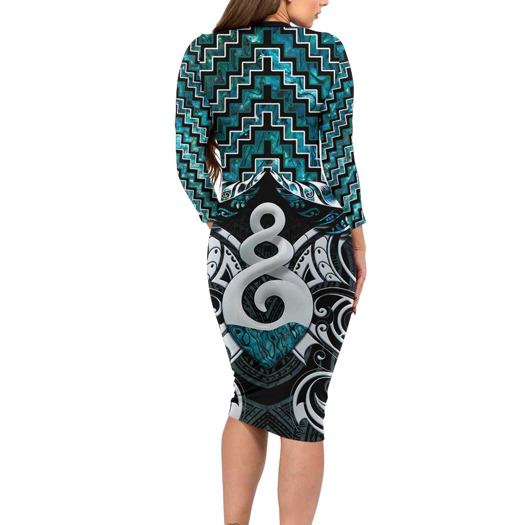 New Zealand Maori Family Matching Long Sleeve Bodycon Dress and Hawaiian Shirt Poutama Pikorua Turquoise Paua Shell