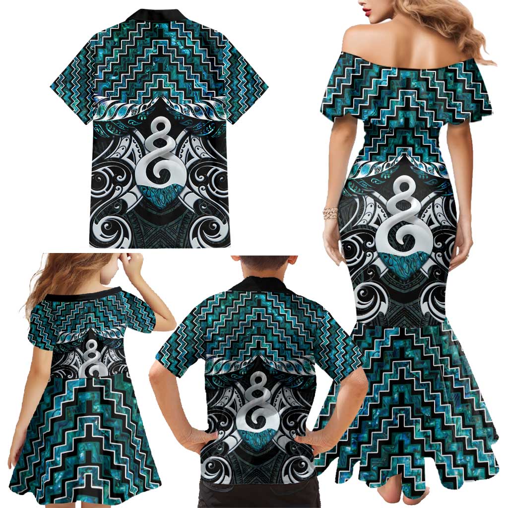 New Zealand Maori Family Matching Mermaid Dress and Hawaiian Shirt Poutama Pikorua Turquoise Paua Shell