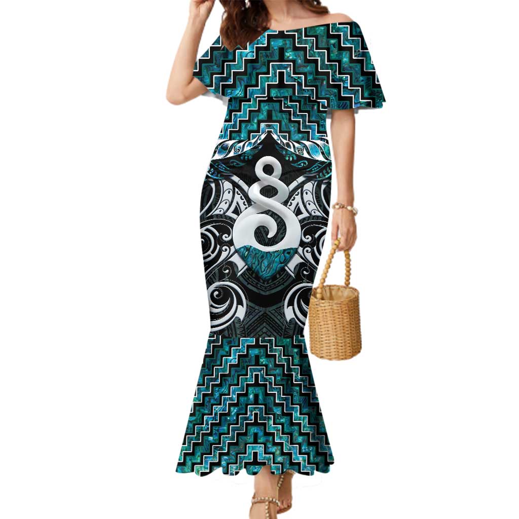 New Zealand Maori Family Matching Mermaid Dress and Hawaiian Shirt Poutama Pikorua Turquoise Paua Shell