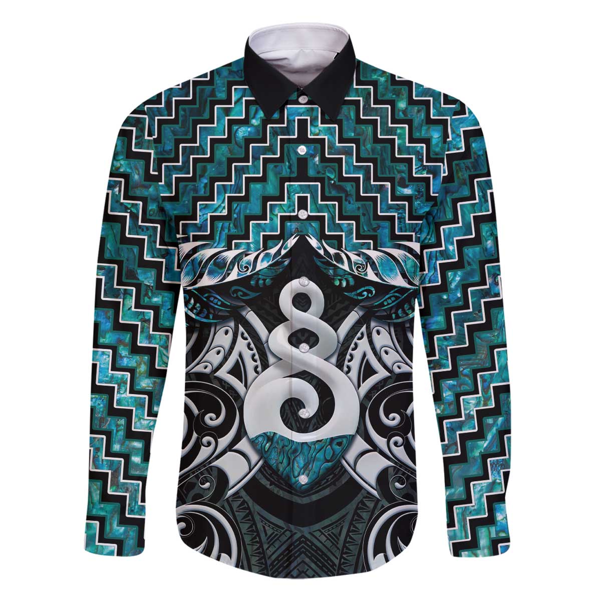 New Zealand Maori Family Matching Off The Shoulder Long Sleeve Dress and Hawaiian Shirt Poutama Pikorua Turquoise Paua Shell