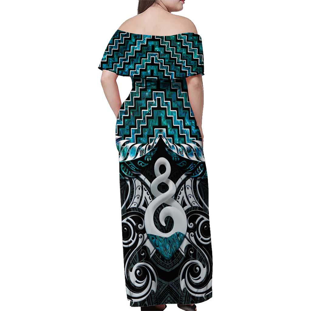 New Zealand Maori Family Matching Off Shoulder Maxi Dress and Hawaiian Shirt Poutama Pikorua Turquoise Paua Shell