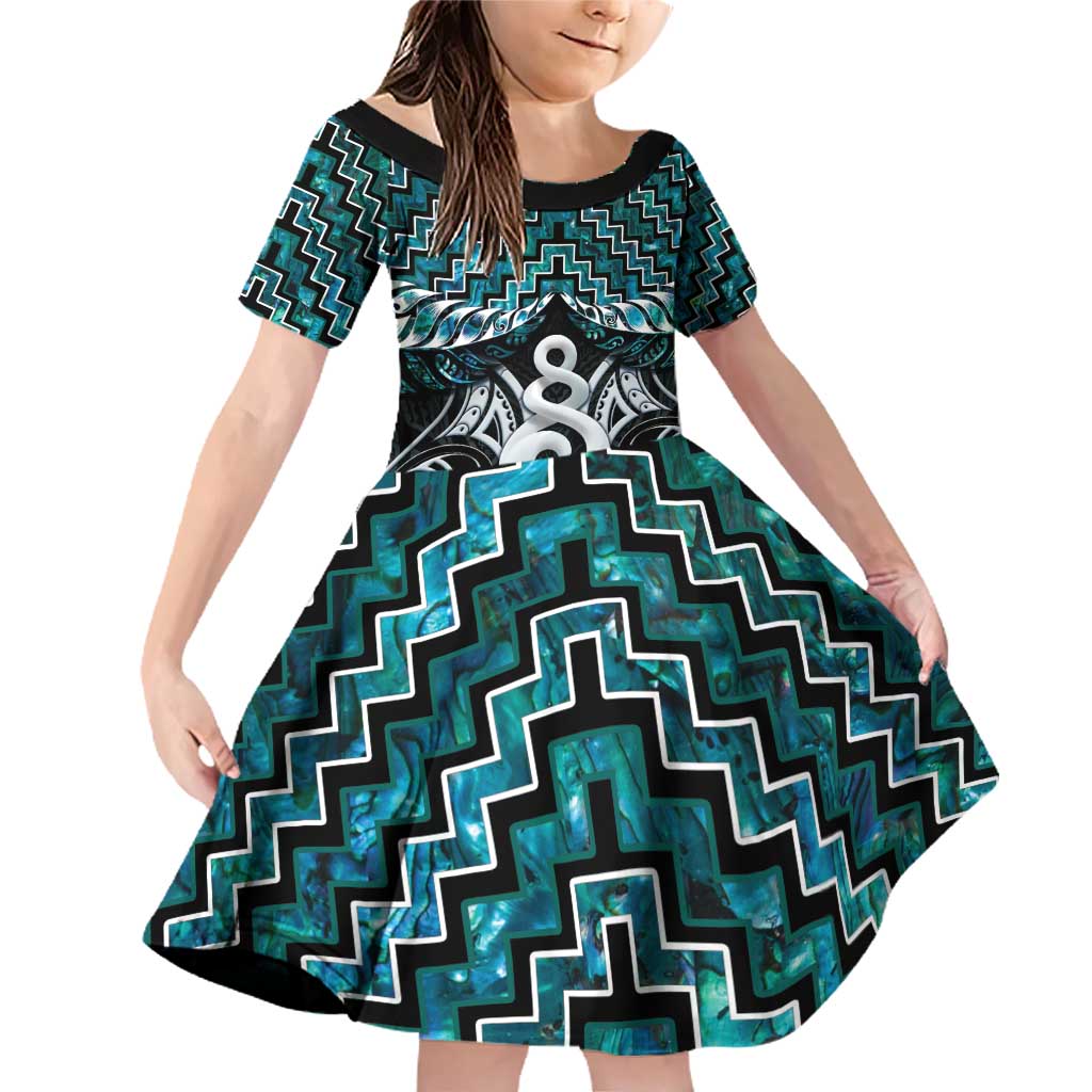 New Zealand Maori Family Matching Off Shoulder Short Dress and Hawaiian Shirt Poutama Pikorua Turquoise Paua Shell