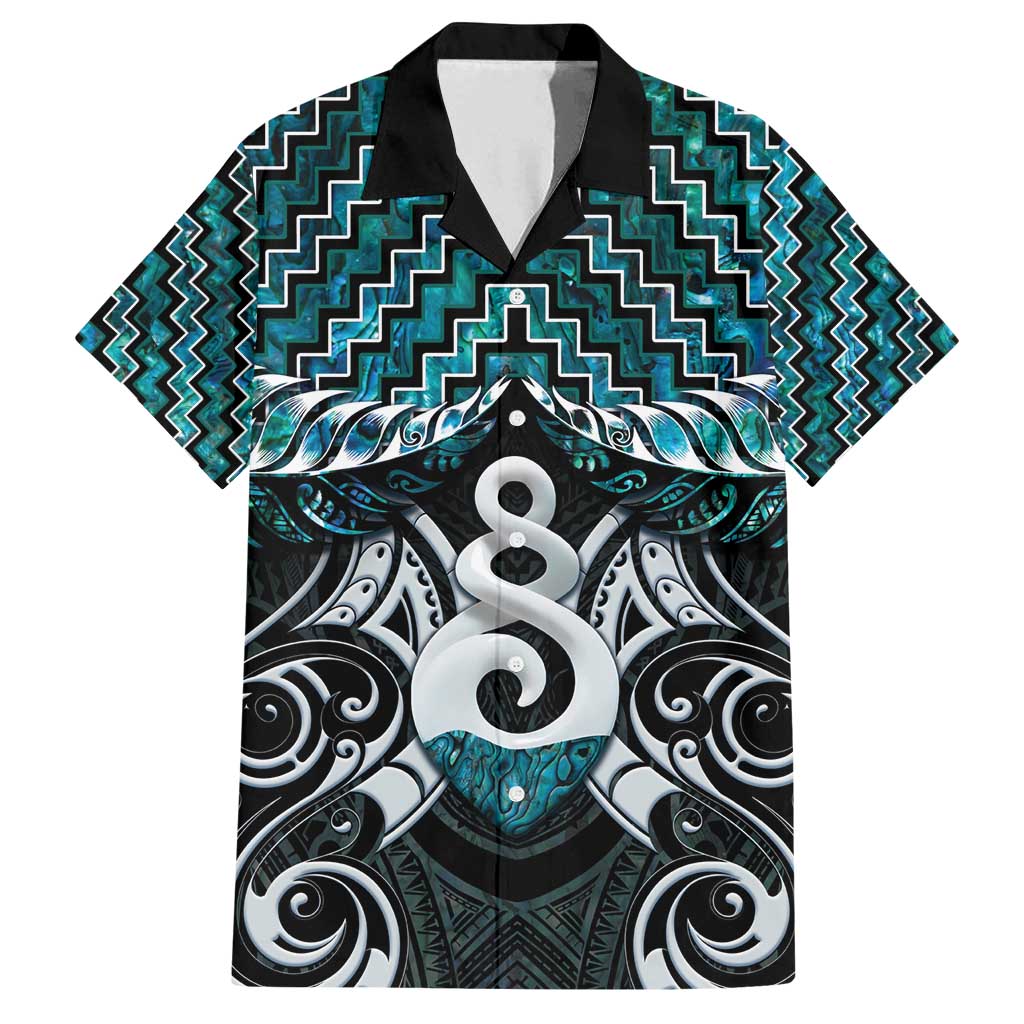 New Zealand Maori Family Matching Off Shoulder Short Dress and Hawaiian Shirt Poutama Pikorua Turquoise Paua Shell