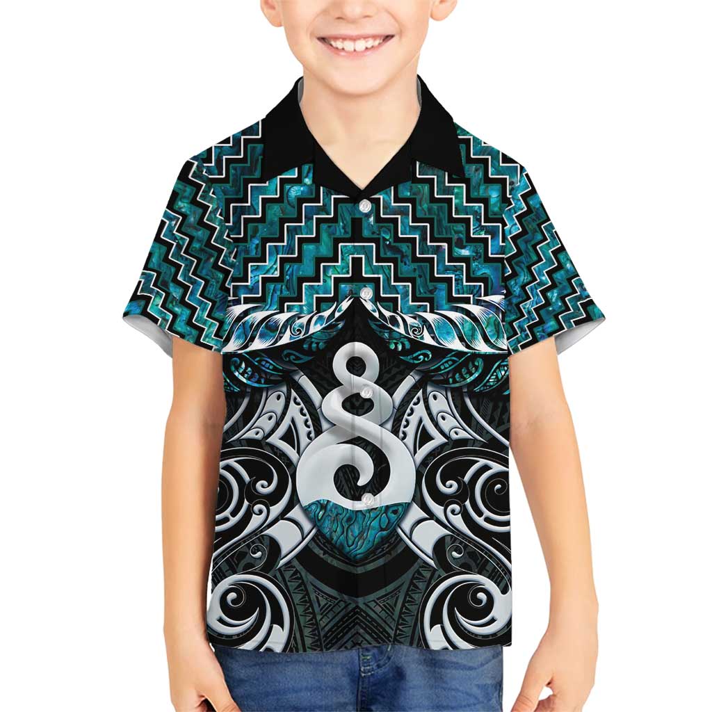 New Zealand Maori Family Matching Off Shoulder Short Dress and Hawaiian Shirt Poutama Pikorua Turquoise Paua Shell