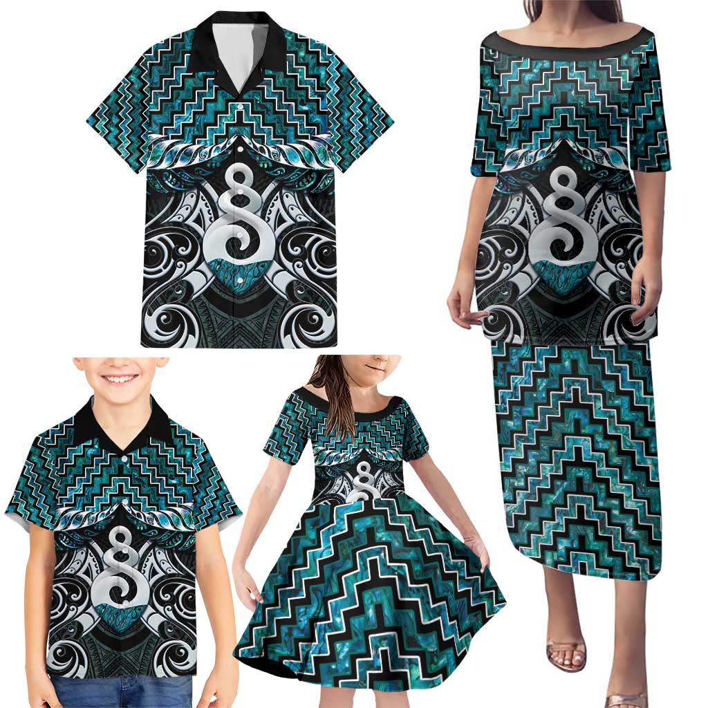 New Zealand Maori Family Matching Puletasi and Hawaiian Shirt Poutama Pikorua Turquoise Paua Shell