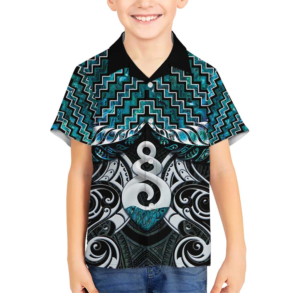 New Zealand Maori Family Matching Short Sleeve Bodycon Dress and Hawaiian Shirt Poutama Pikorua Turquoise Paua Shell