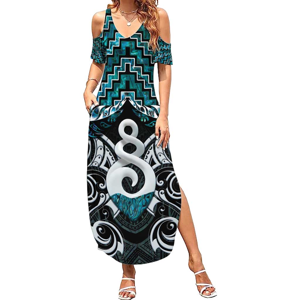 New Zealand Maori Family Matching Summer Maxi Dress and Hawaiian Shirt Poutama Pikorua Turquoise Paua Shell