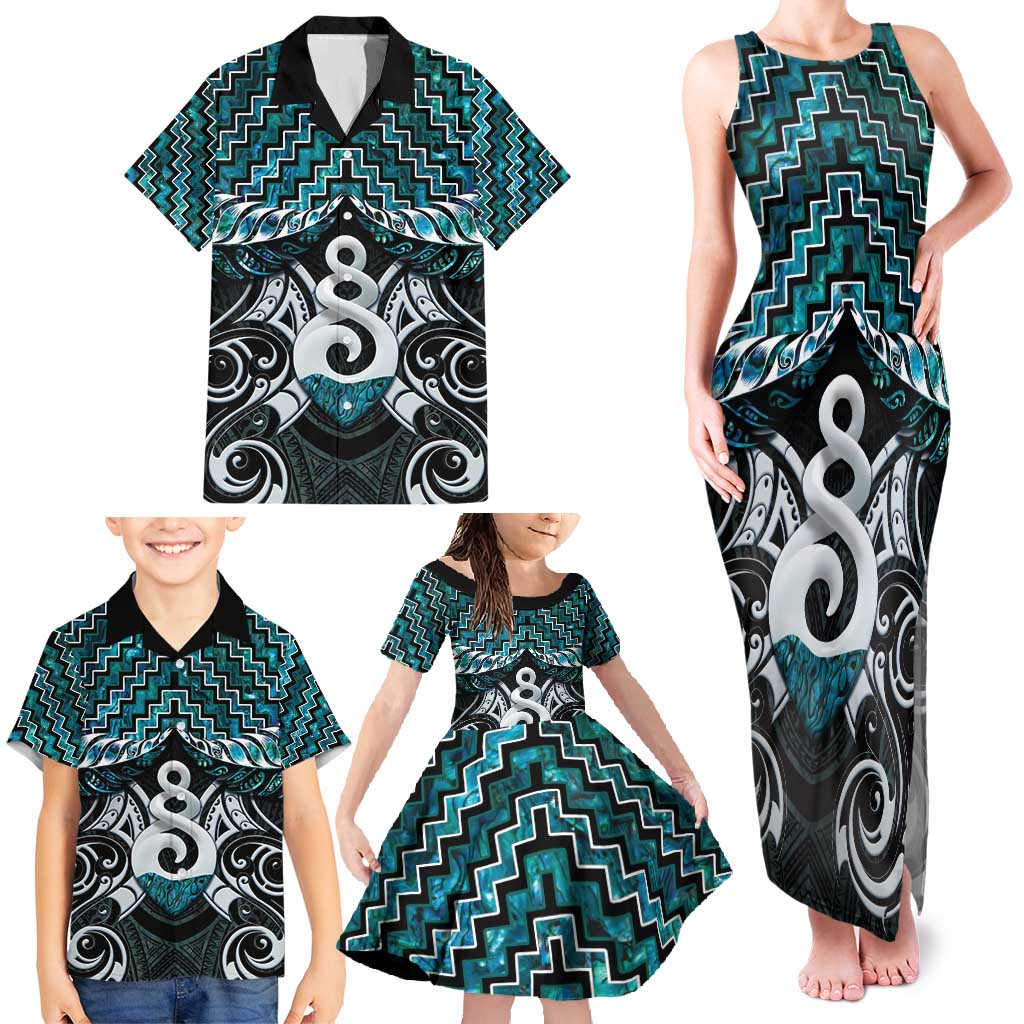 New Zealand Maori Family Matching Tank Maxi Dress and Hawaiian Shirt Poutama Pikorua Turquoise Paua Shell