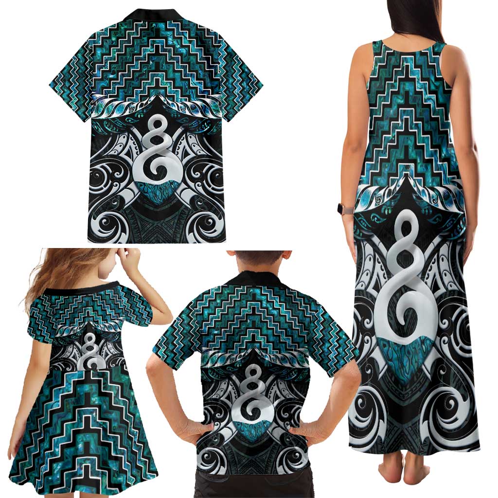 New Zealand Maori Family Matching Tank Maxi Dress and Hawaiian Shirt Poutama Pikorua Turquoise Paua Shell