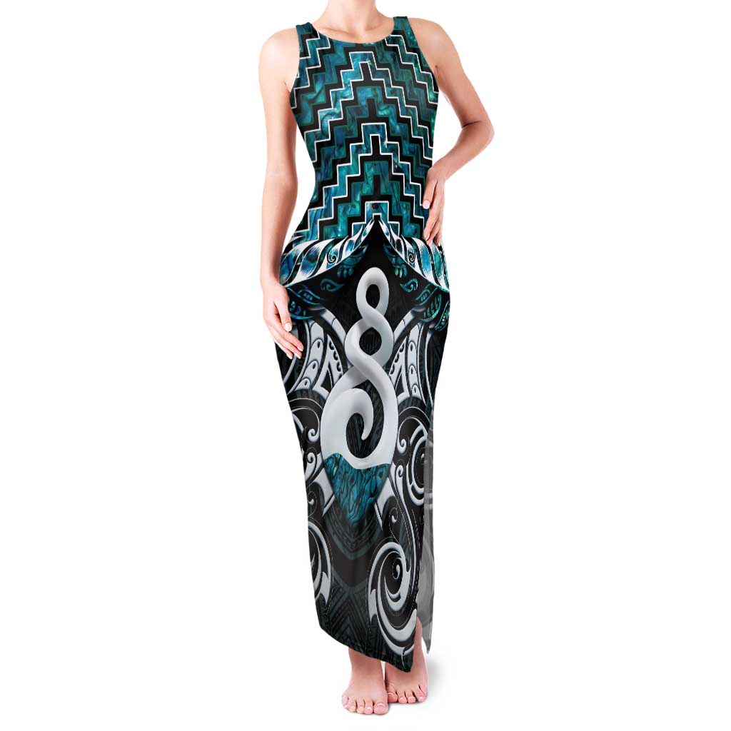 New Zealand Maori Family Matching Tank Maxi Dress and Hawaiian Shirt Poutama Pikorua Turquoise Paua Shell