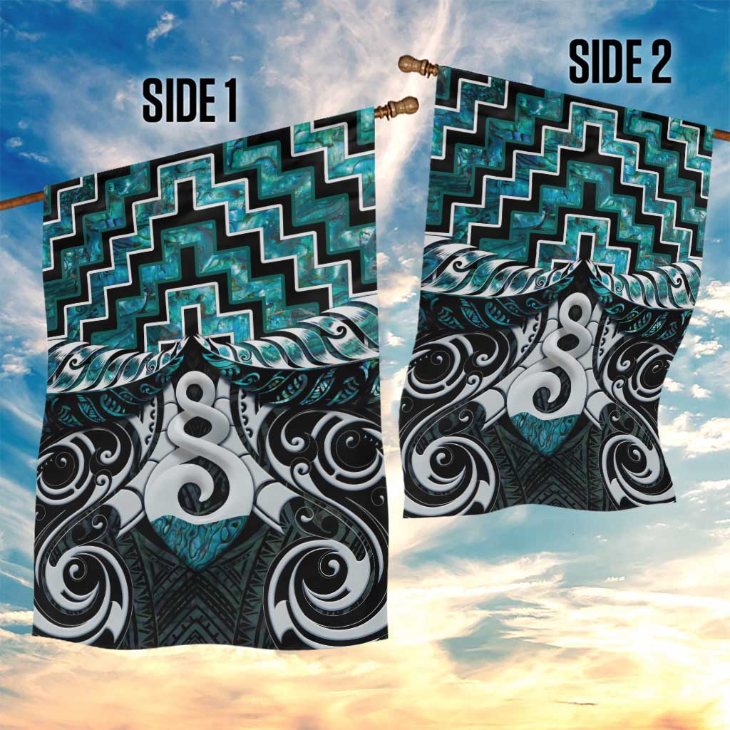 New Zealand Maori Garden Flag Poutama Pikorua Turquoise Paua Shell LT05 - Vibe Hoodie Shop