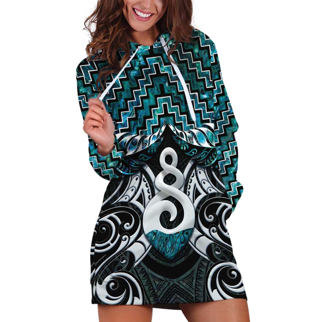 New Zealand Maori Hoodie Dress Poutama Pikorua Turquoise Paua Shell LT05 - Vibe Hoodie Shop