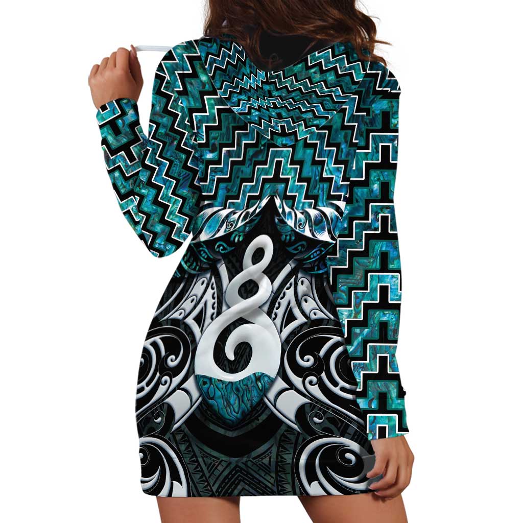 New Zealand Maori Hoodie Dress Poutama Pikorua Turquoise Paua Shell LT05 - Vibe Hoodie Shop