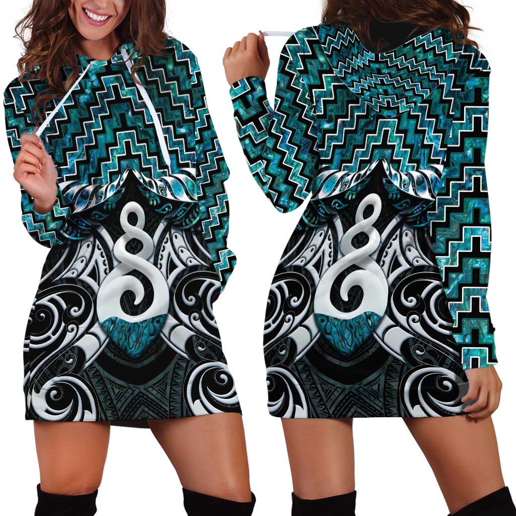 New Zealand Maori Hoodie Dress Poutama Pikorua Turquoise Paua Shell LT05 - Vibe Hoodie Shop