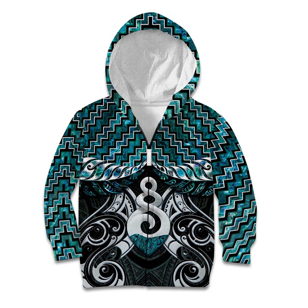 New Zealand Maori Kid Hoodie Poutama Pikorua Turquoise Paua Shell LT05 - Vibe Hoodie Shop